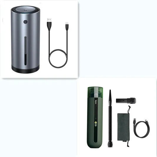 Baseus handheld car vacuum cleaner in black, white, or green next to a dust bin and blowing hose.
