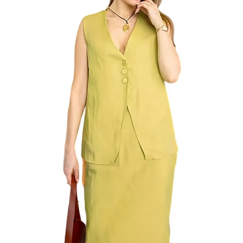 Women's casual sleeveless vest and long skirt two-piece suit in blue, yellow, or white polyester.