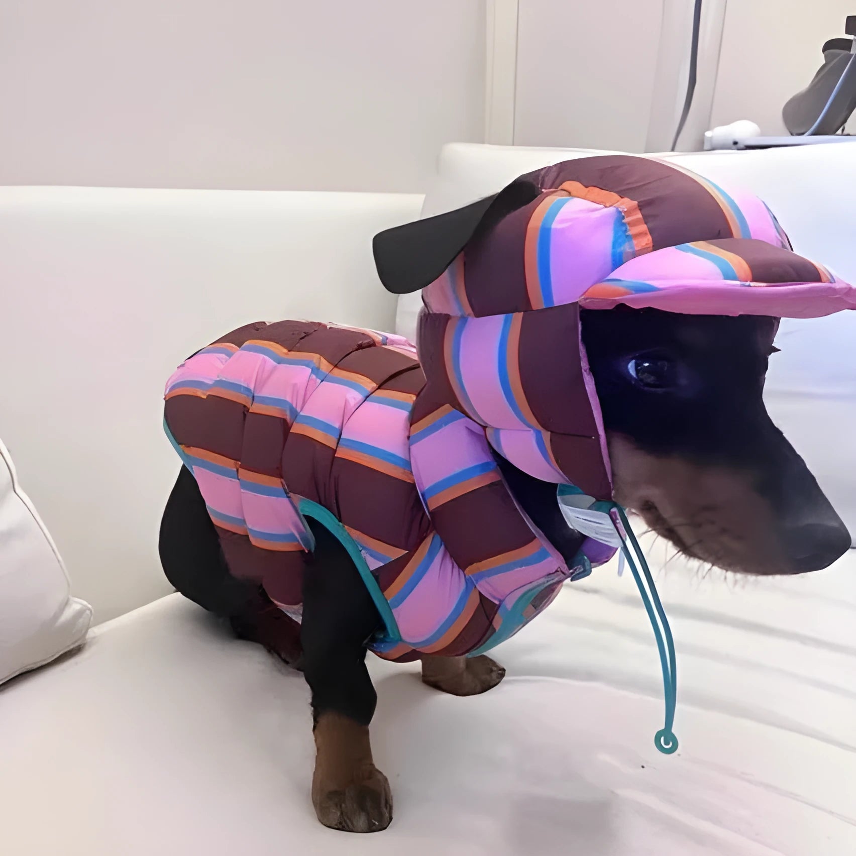 Dirty pink striped dog vest with matching hat for autumn winter pet clothing
