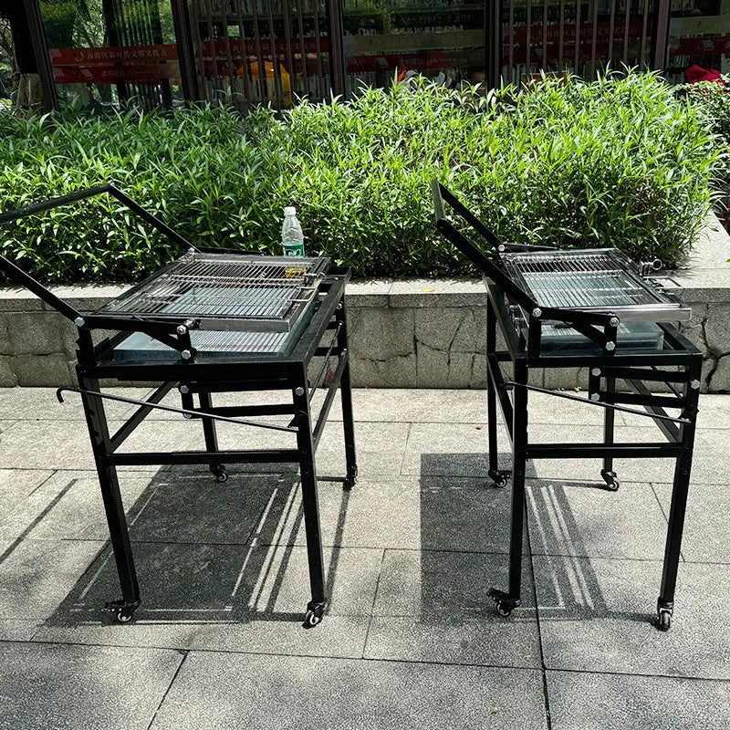 Foldable charcoal BBQ stove with detachable frame and adjustable legs for outdoor cooking.