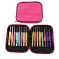 Set of 16 coloured crochet hooks with two handle types laid next to a grey PU fabric storage bag.