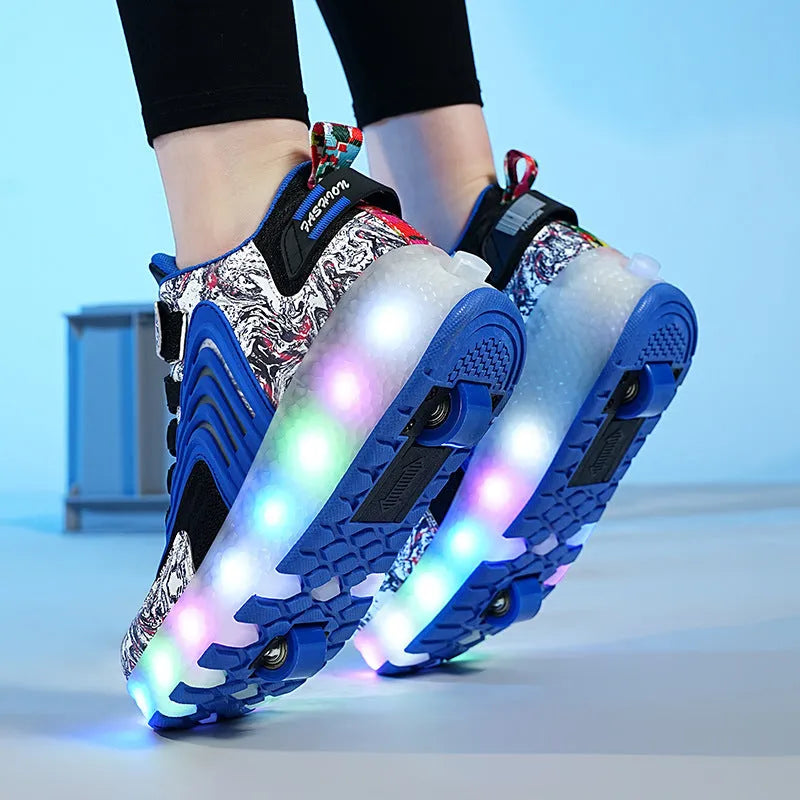 Children's wheel shoes with LED light emitting charging, available in multiple colours and sizes 27-43M