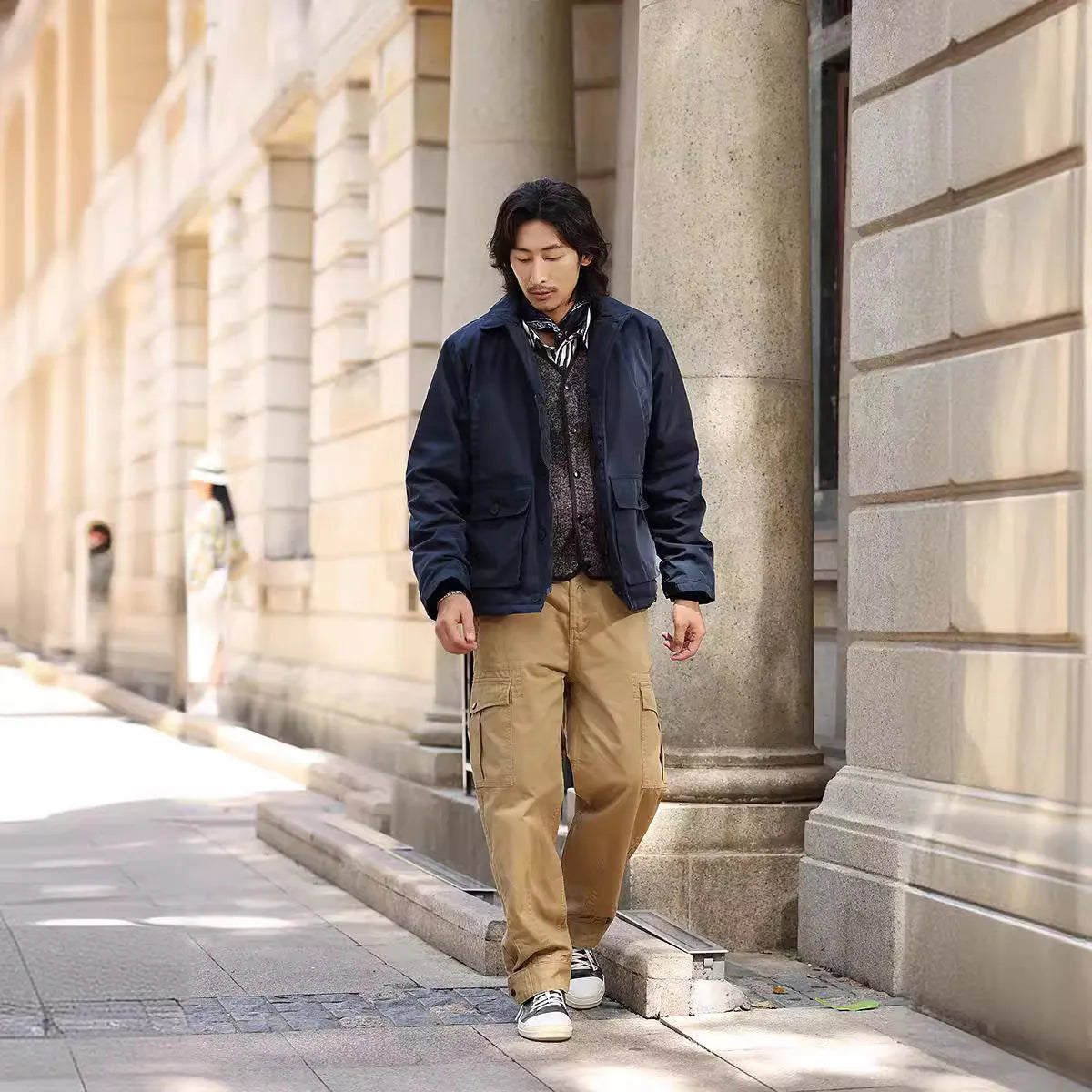 Men's extra thick wool cotton-padded jacket in Army Green, Dark Blue, or Khaki, nylon outer, sizes S-XXL