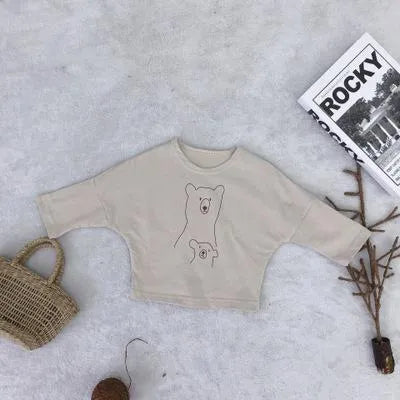 Bear print solid colour children's jacket in apricot, dark grey, or yellow, sizes 80cm to 120cm.