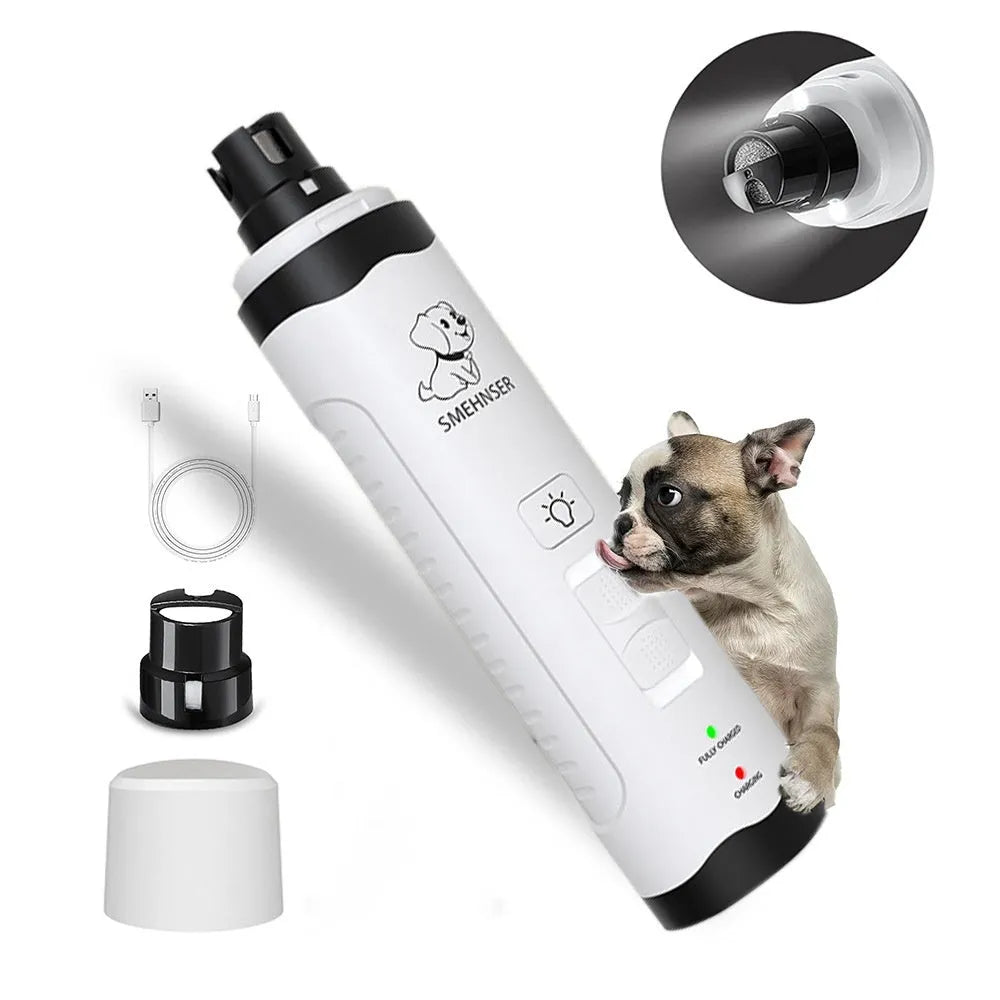 Rechargeable electric dog nail grinder with dust collector and LED display showing three speed settings.