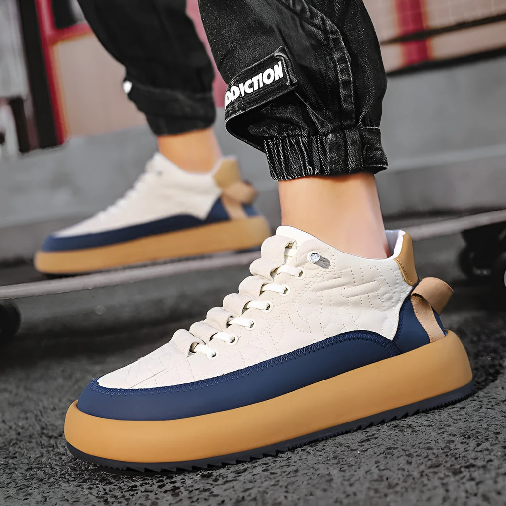Men's leather sports casual board shoes in black and orange, synthetic PU upper, thick round toe with elastic band