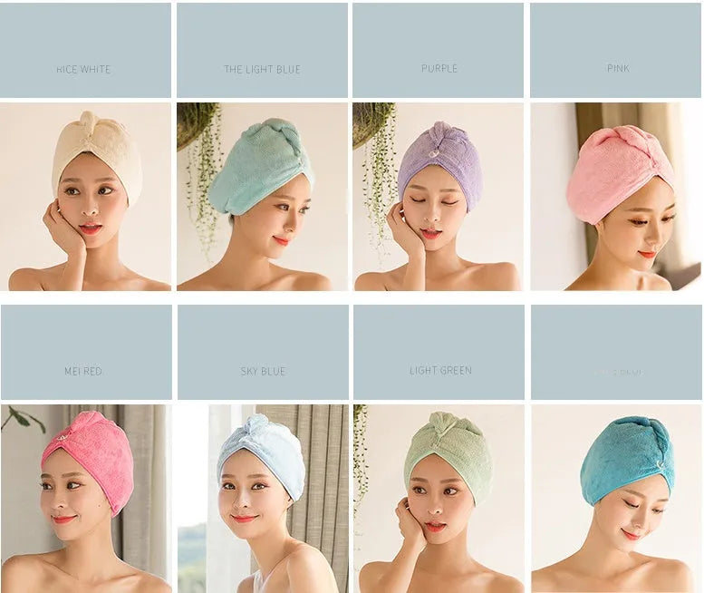 Microfiber hair dryer cap for women, shown in assorted colours including pink and blue.