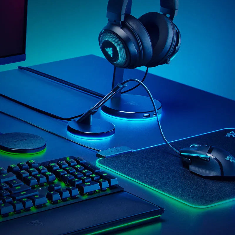 Thunder Snake black RGB mouse cable fastener with lighting effects on desk