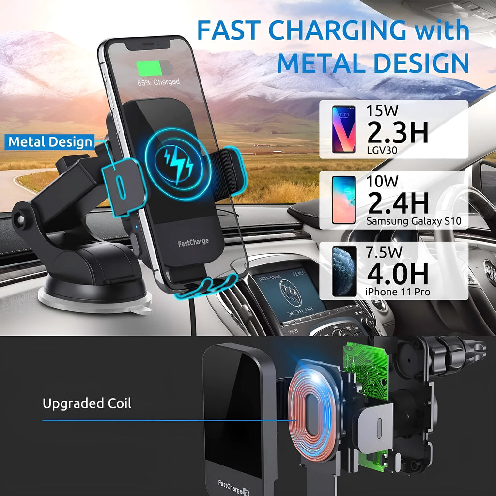 Black 15W fast wireless car charging stand with multiple mounting options