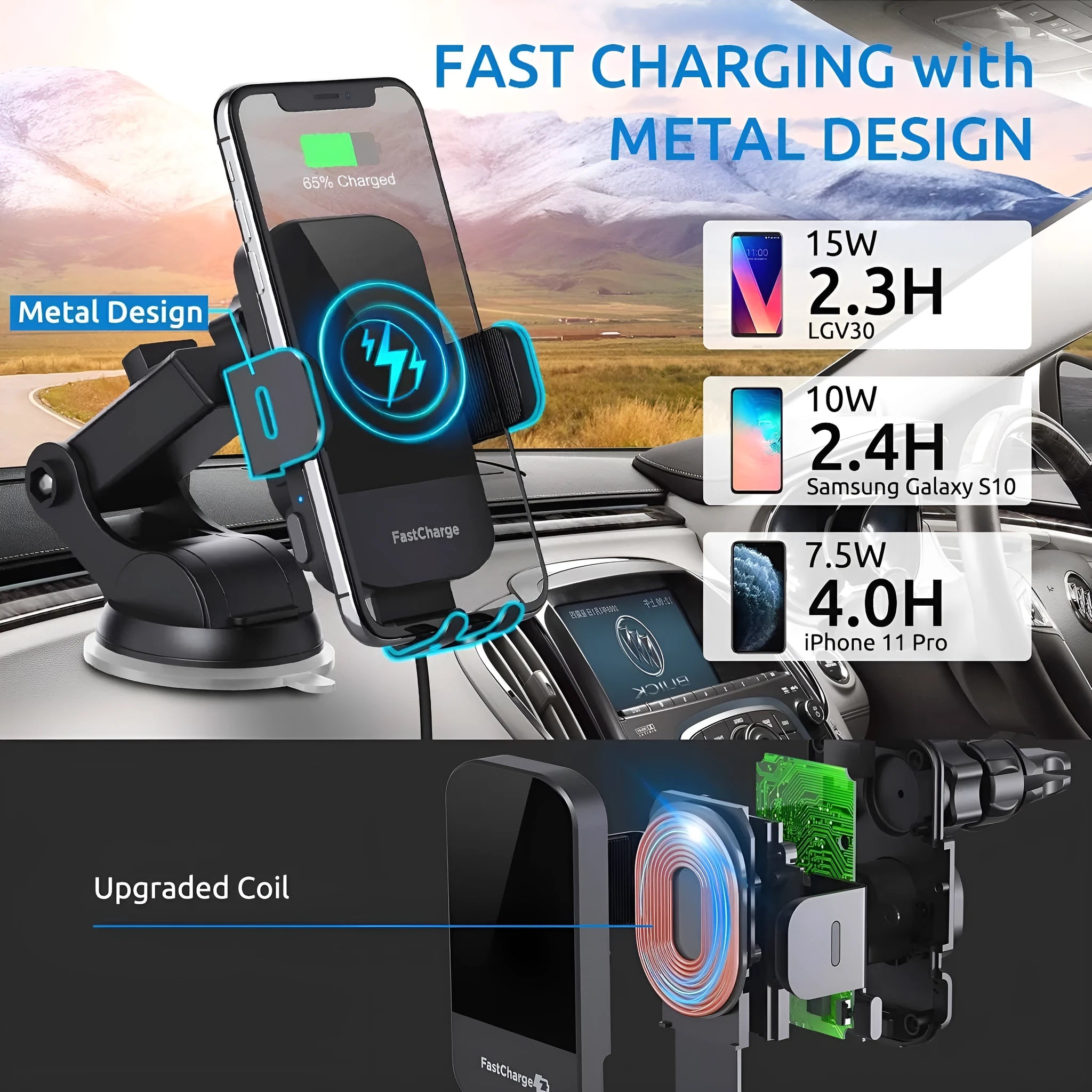 Black 15W fast wireless car charging stand with multiple mounting options