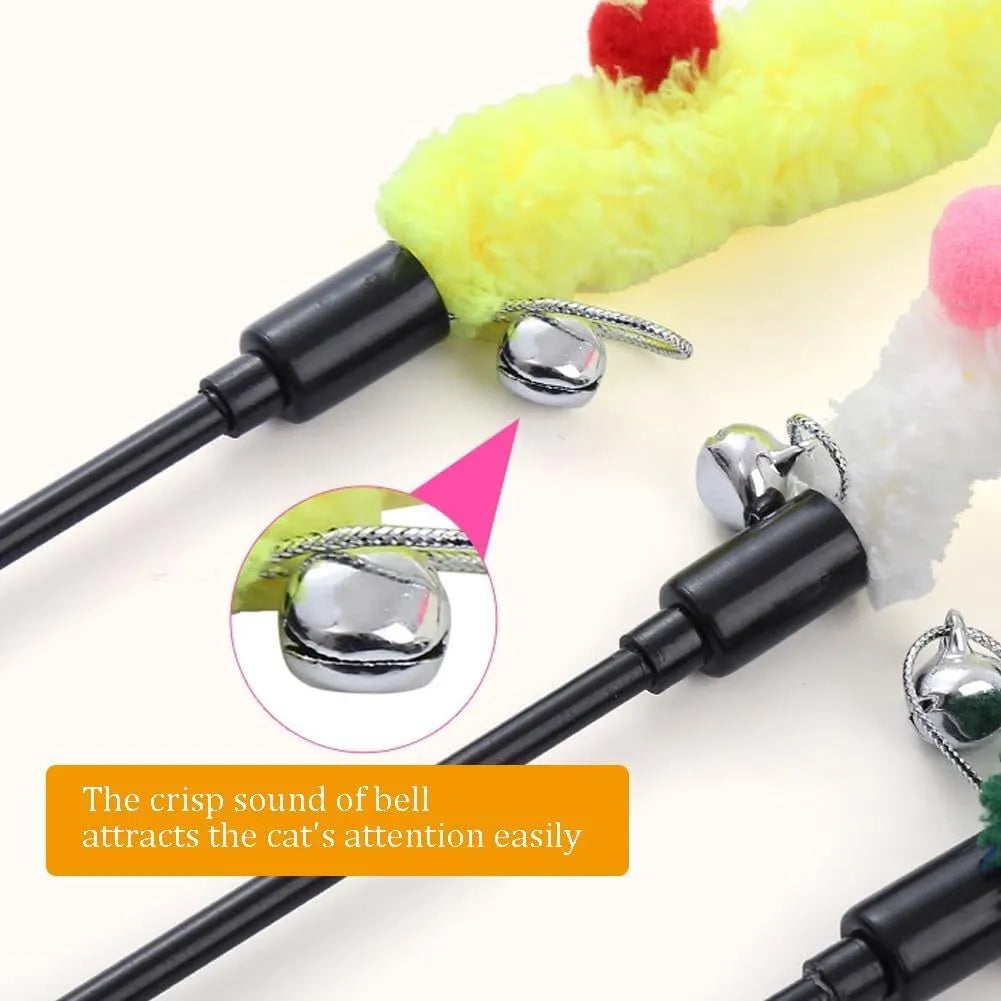 Interactive cat wand toy with plush strip and bell-equipped fluffy ball in blue, green, or pink