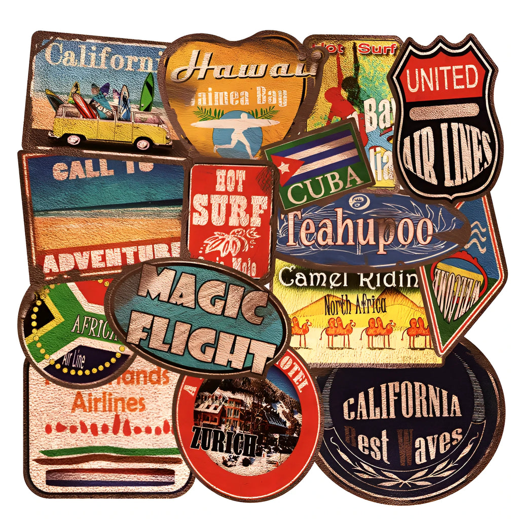 36 piece retro beach themed waterproof PVC stickers with matte finish in sizes 6cm to 10cm