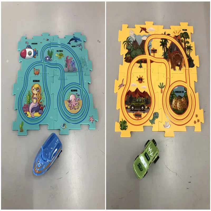 Children puzzle electric railroad speeder with DIY assembly track and automatic car, dinosaur theme