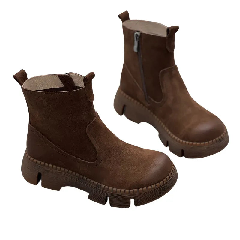 Women's round toe mid heel leather boots in brown with side zipper and rubber sole