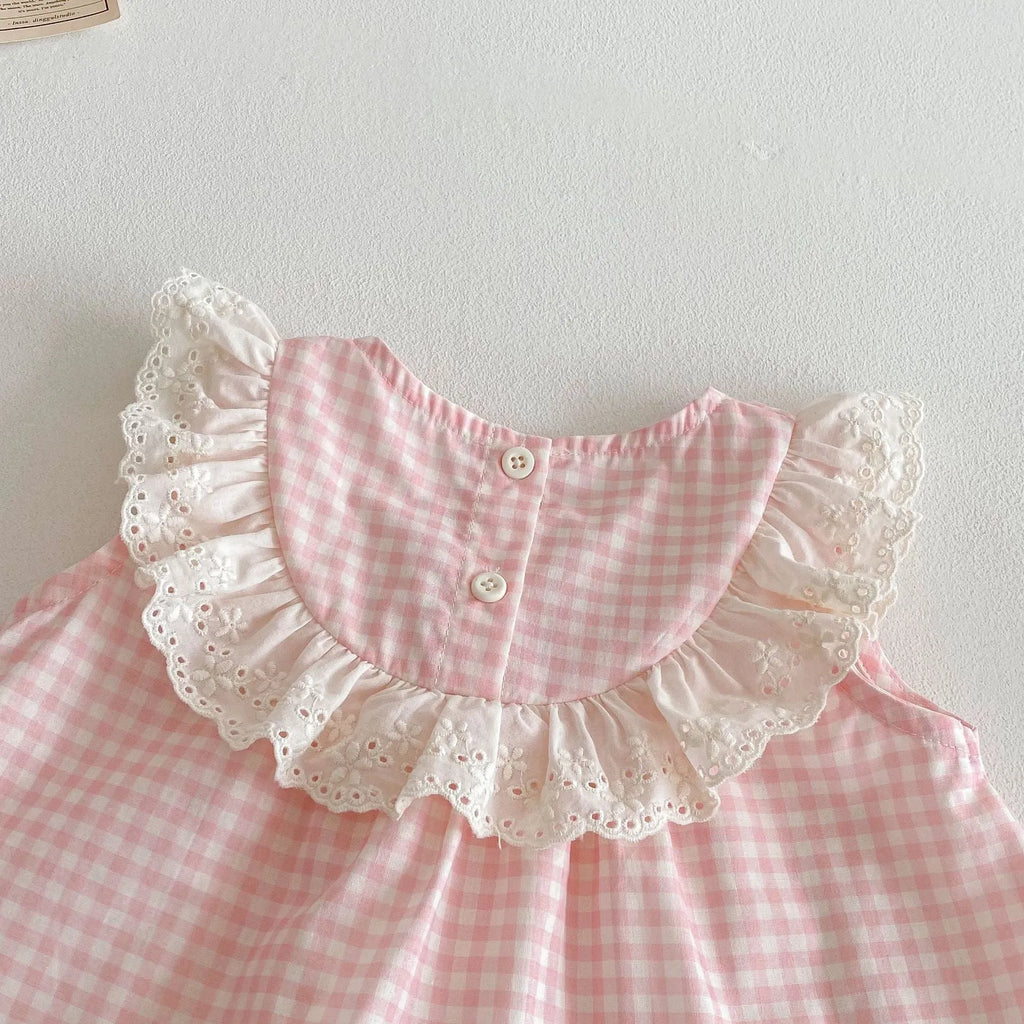 Girls cherry pink plaid cotton bowknot doll shirt and wide leg pants two-piece set