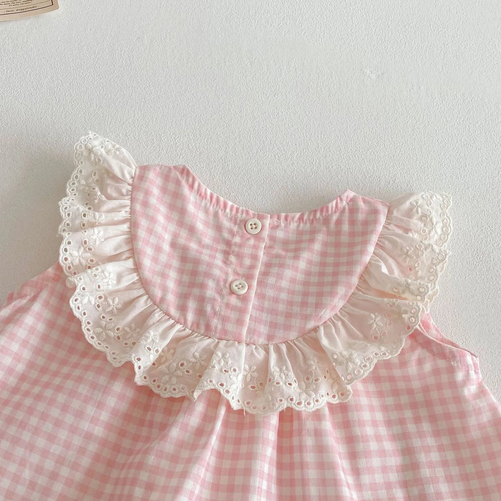 Girls cherry pink plaid cotton bowknot doll shirt and wide leg pants two-piece set