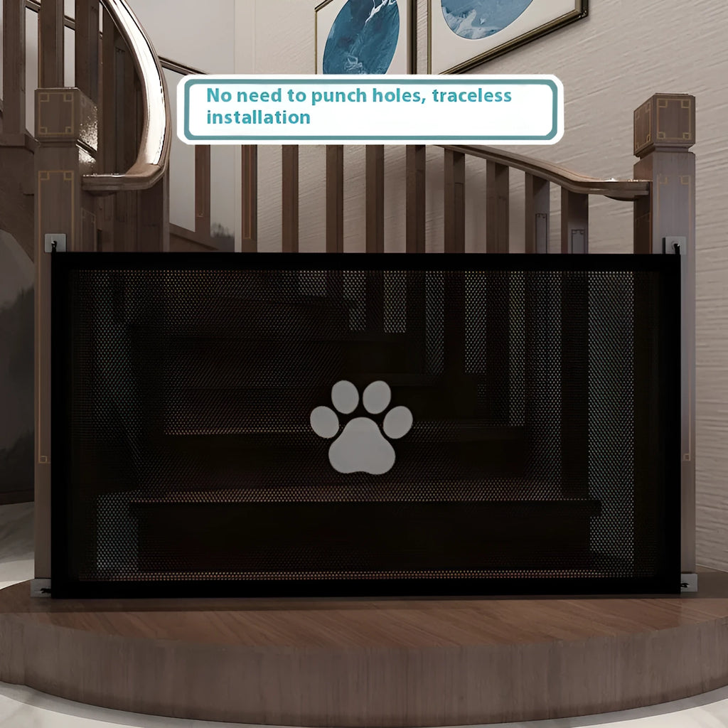 Portable folding dog barrier net with plastic rod frame in black dog footprint design
