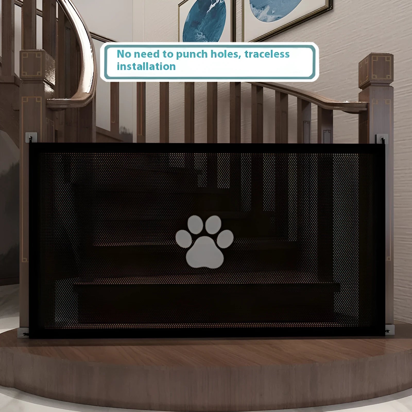 Portable folding dog barrier net with plastic rod frame in black dog footprint design