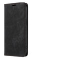 Magnetic flip leather phone case for iPhone shown closed and open, revealing card slots and phone.
