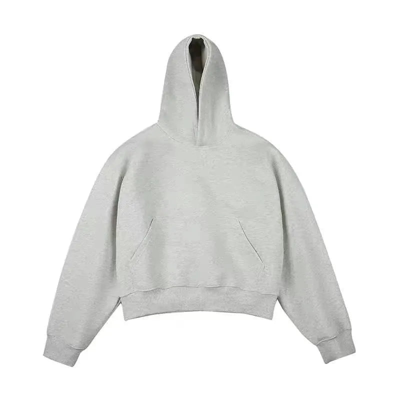 Short Chinese cotton velvet hooded sweater in dark grey with removable hood and long sleeves for street fashion