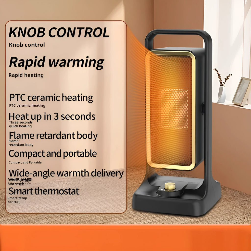 Black desktop PTC ceramic heater with knob controls showing dimensions 14.9x11.1x33.5cm