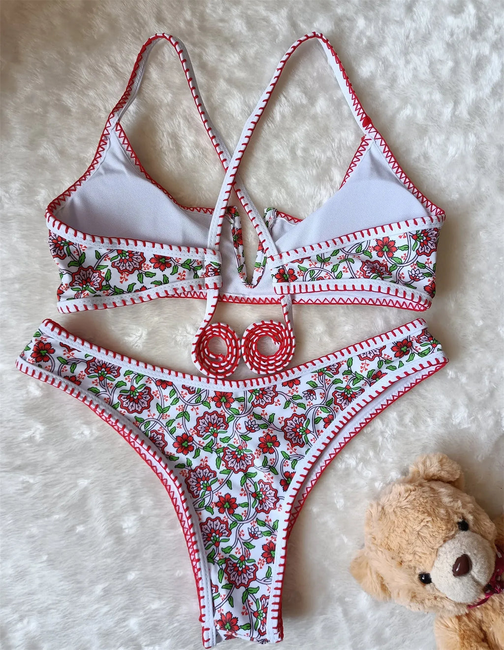 Women's V-neck swimsuit with floral embroidery print in quick-drying polyester fabric