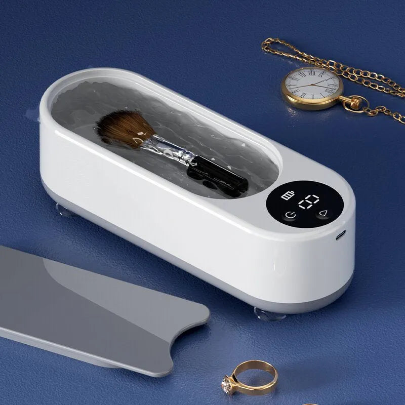 White ultrasonic glasses cleaning machine with display, USB port, and 200g weight