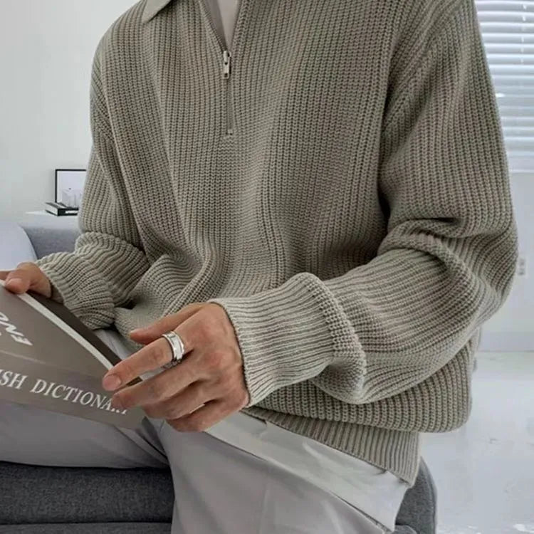 Men's loose fit half zipper sweater pullover in khaki, Hong Kong style