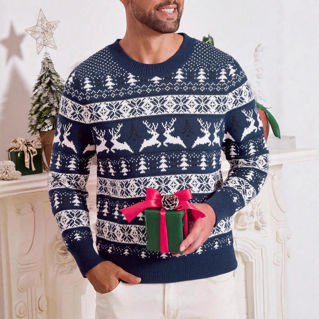 Men's loose jacquard Christmas sweater in red with round neck and long sleeves