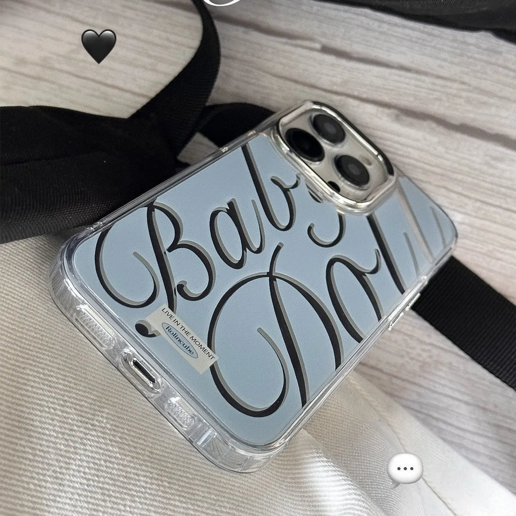Transparent blue iPhone case with mirrored English letters and a frosted TPU finish.
