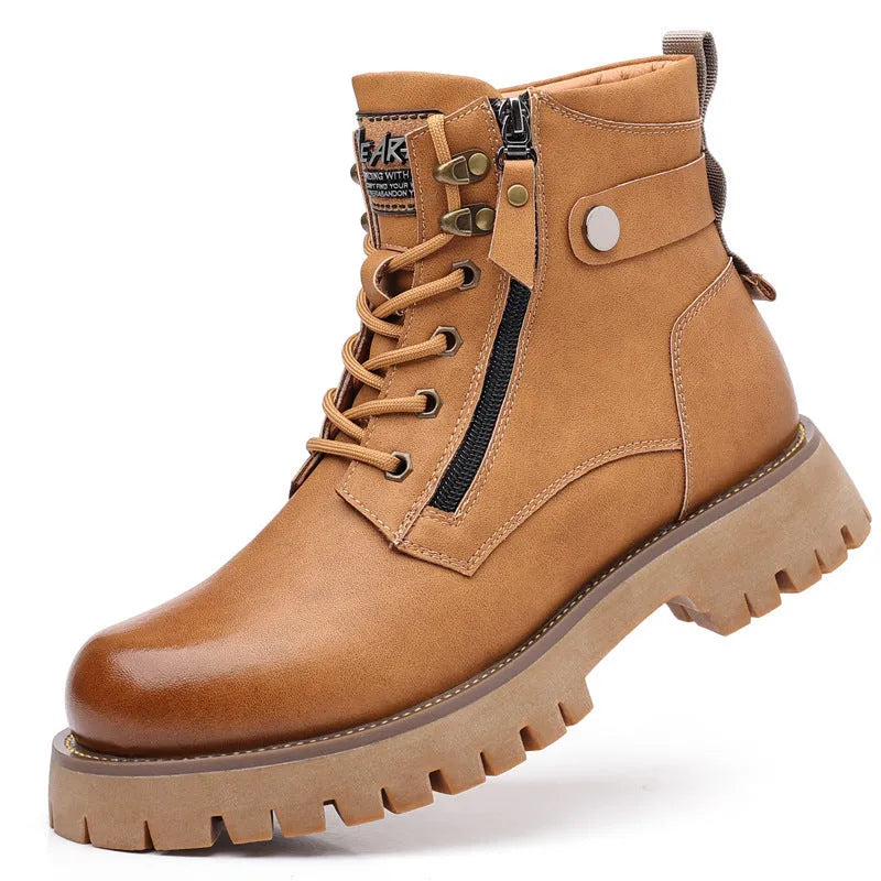 Men's brown leather high-top Martin boots with a side zipper and mid-heel on a wooden floor.