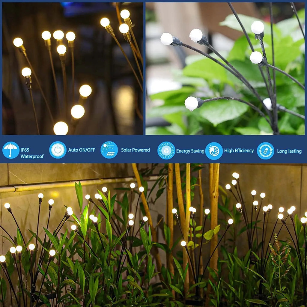 Solar-powered LED garden spike light with multiple glowing heads and a metal ground plug inserted in soil at dusk.