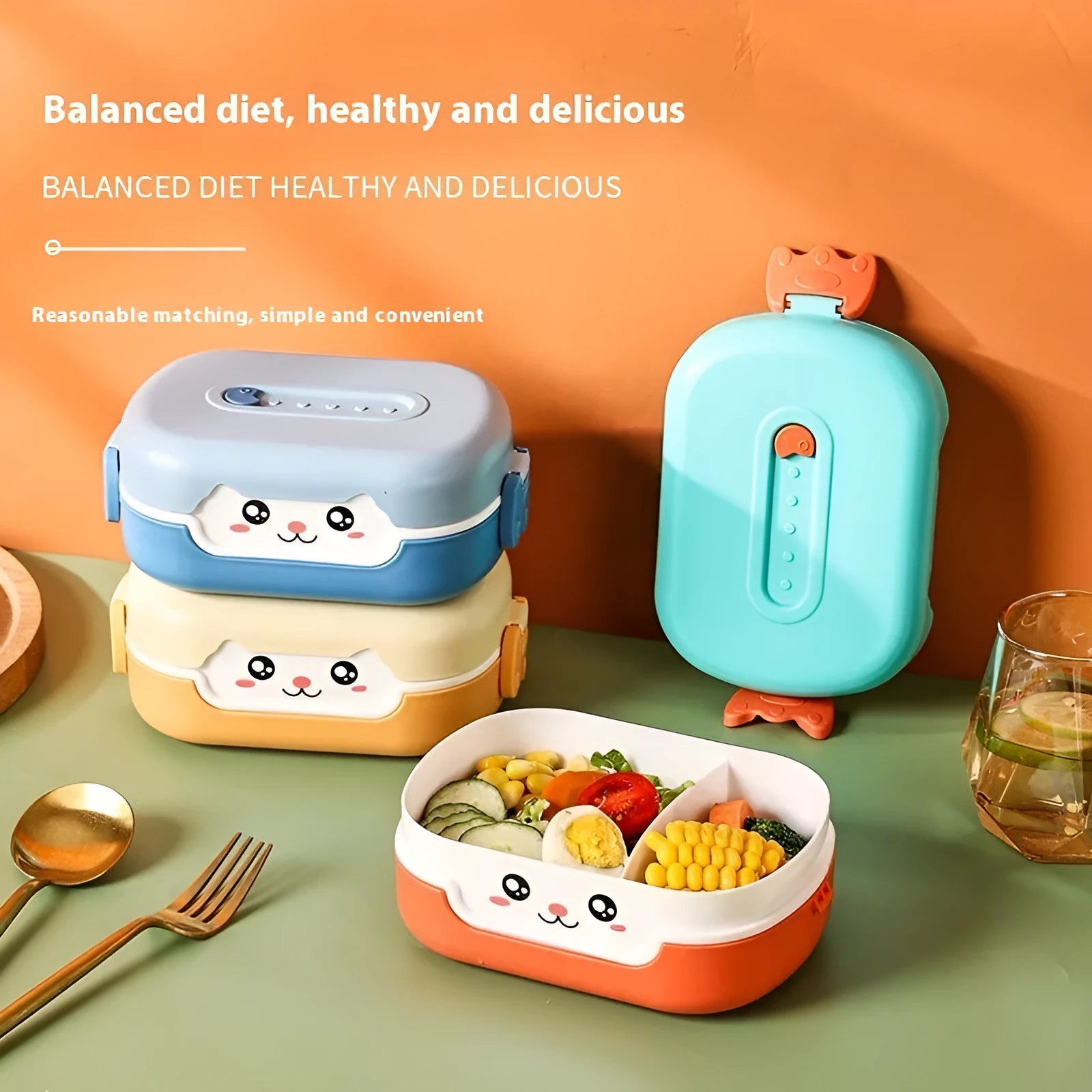 Square plastic divided lunch box in dark blue, orange yellow, or pink and green, shown with compartments.