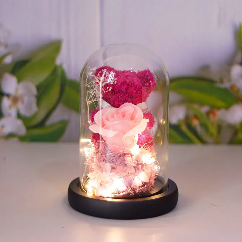 Preserved rose teddy bear ornament in glass dome with LED light, 11.5cm diameter and 16.8cm height