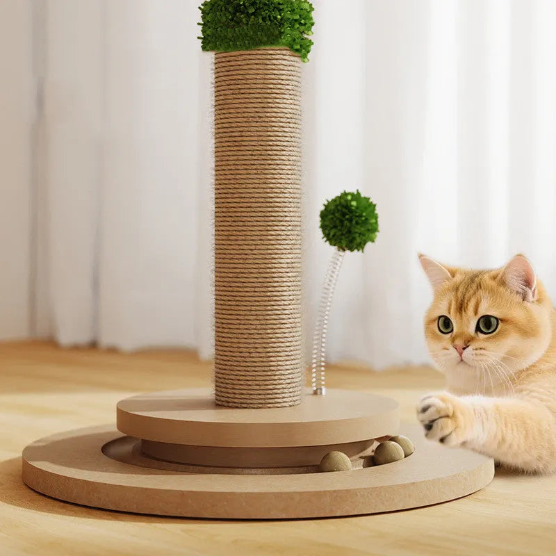 Tall, canna-coloured vertical cat climbing frame with hemp rope posts and a square platform.