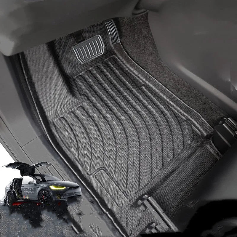 Tesla Model X waterproof TPE rubber floor mat and boot liner set for left-hand drive vehicles.
