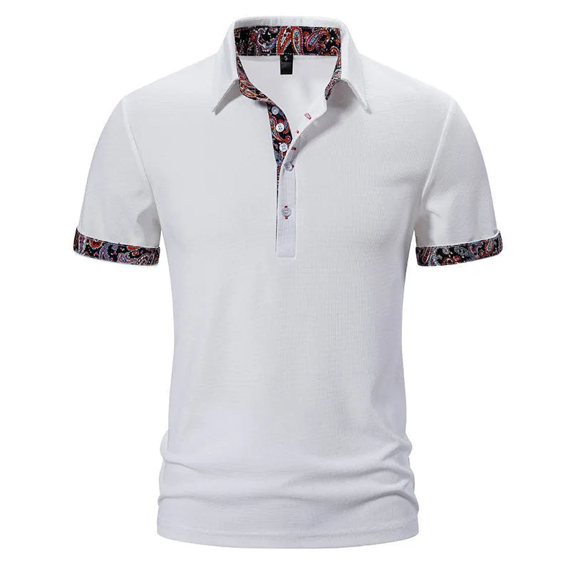Men's black polo shirt with colour stitching detail on the turnover collar and short sleeves.