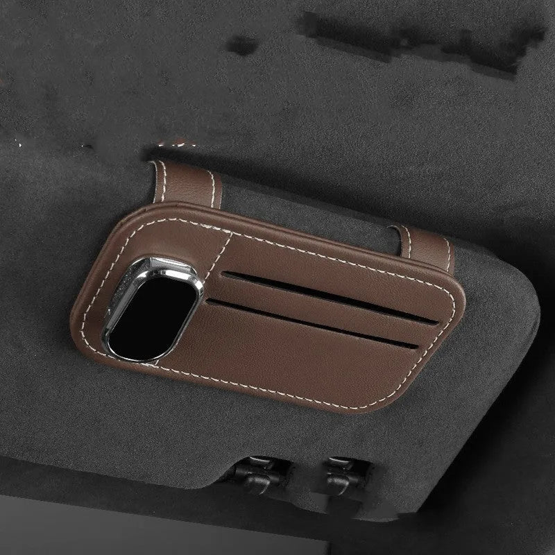Leather automotive sun visor card holder with integrated glasses clip in five colour options