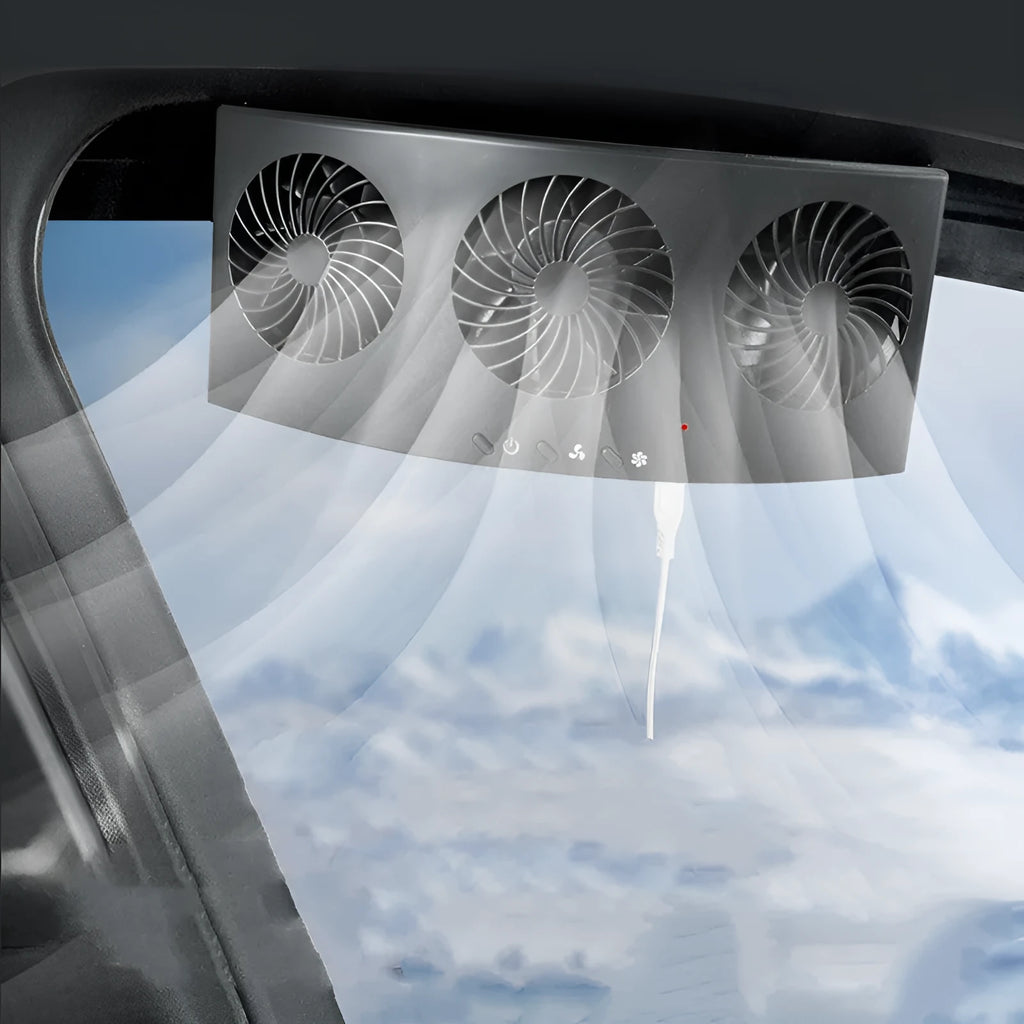 Black and white USB-powered car ventilation fan for exhaust of interior heat and odours with 1.5m cable