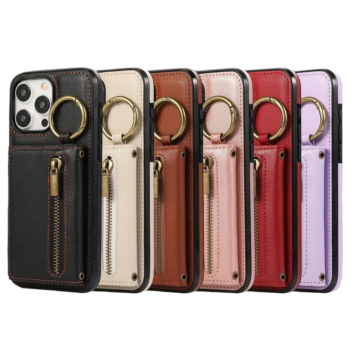 iPhone 16 crossbody phone case with tri-fold PU leather, card holder, ring bracket and zipper in black