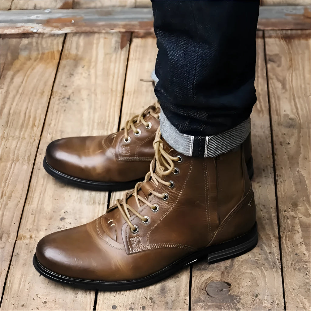 Men's retro cowboy Martin boots, black or brown, side zipper, round toe, 1-3cm low heel, sizes 38-48