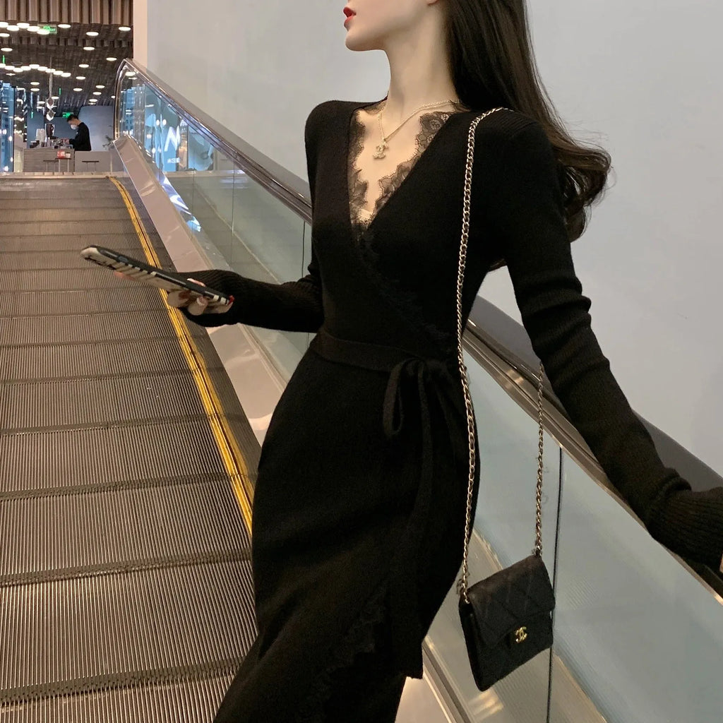 Women's black slim fit skirt with a princess dress silhouette.