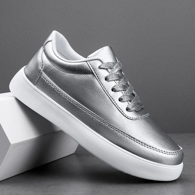 Women's leather flat casual shoes with front lace-up in white, silver, or gold colours