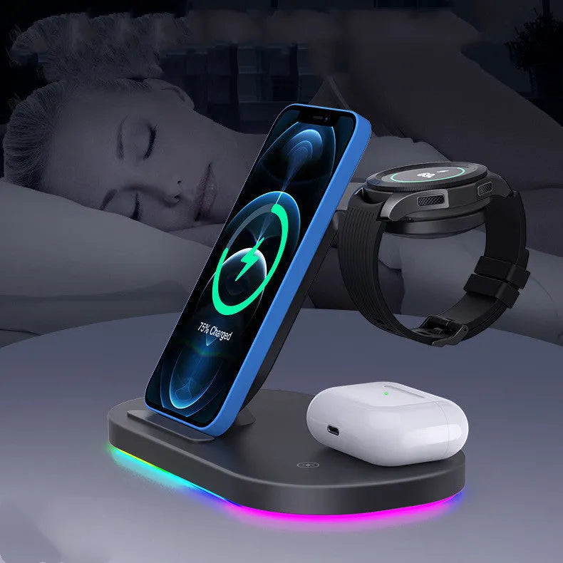 White three-in-one wireless charger showing phone, watch, and headphone charging pads with a Type-C cable.