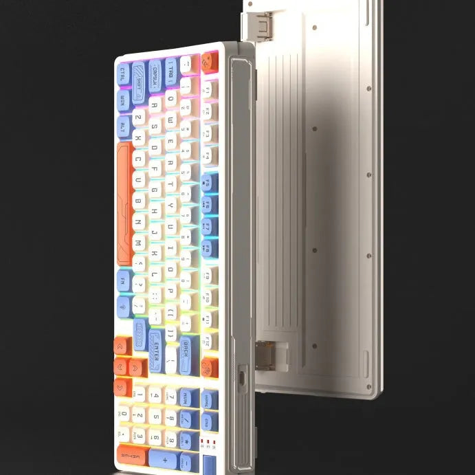 Colourful luminous ABS plastic desktop computer keyboard showing multi-colour key design.