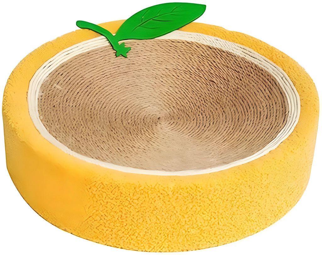 Yellow round fruit-shaped sisal cat scratching board with a shallow centre, shown on a floor.
