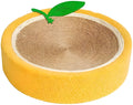 Yellow round fruit-shaped sisal cat scratching board with a shallow centre, shown on a floor.