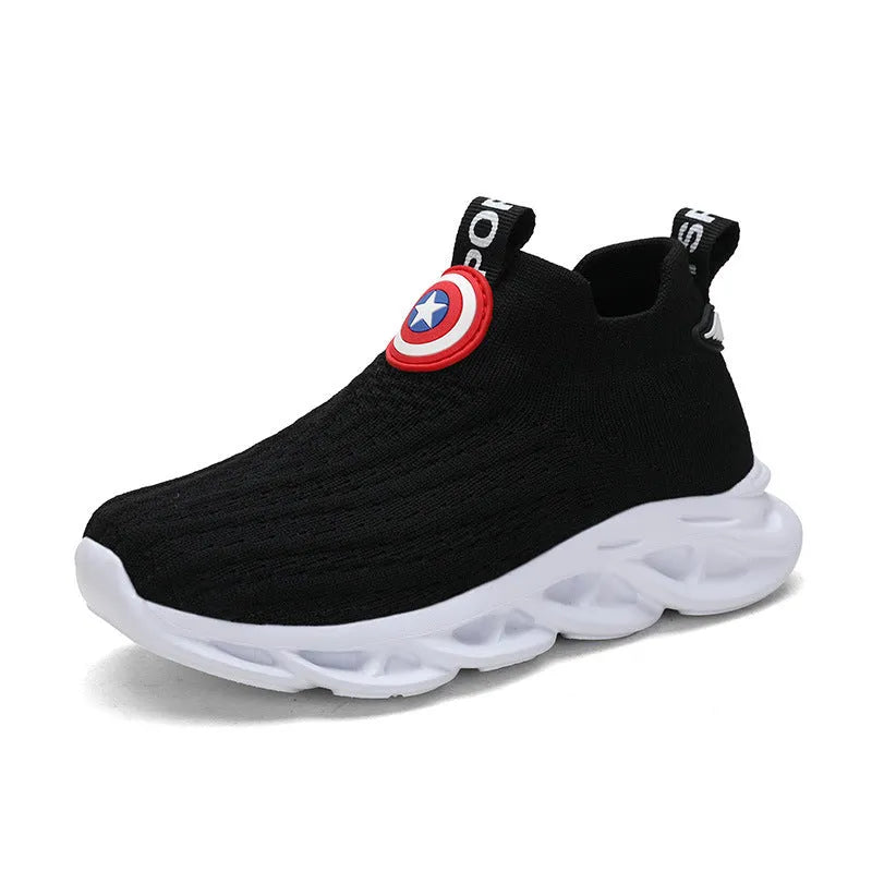 Children's black and white knitted overshoes with MD sole for runway use