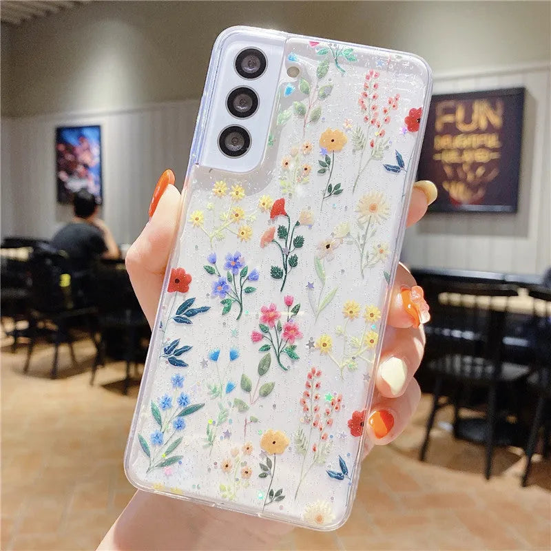 Fashion minimalist floral TPU phone case with drip rubber detailing in multiple colours for Samsung models