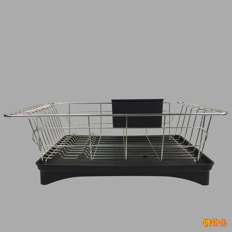 Black stainless steel counter top dish drying rack with plastic drain board and cutlery holder